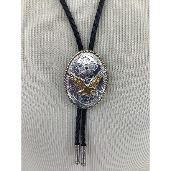 Other - Western Style Black Braided Leather Bolo Tie With Silver/Gold Eagle & Floral Ova